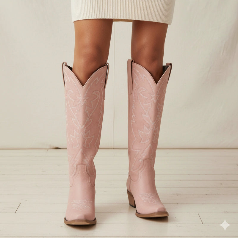 The Molly Wood – Pink Snip Toe Embroidered Cute Comfortable Tall Cowgirl Boots