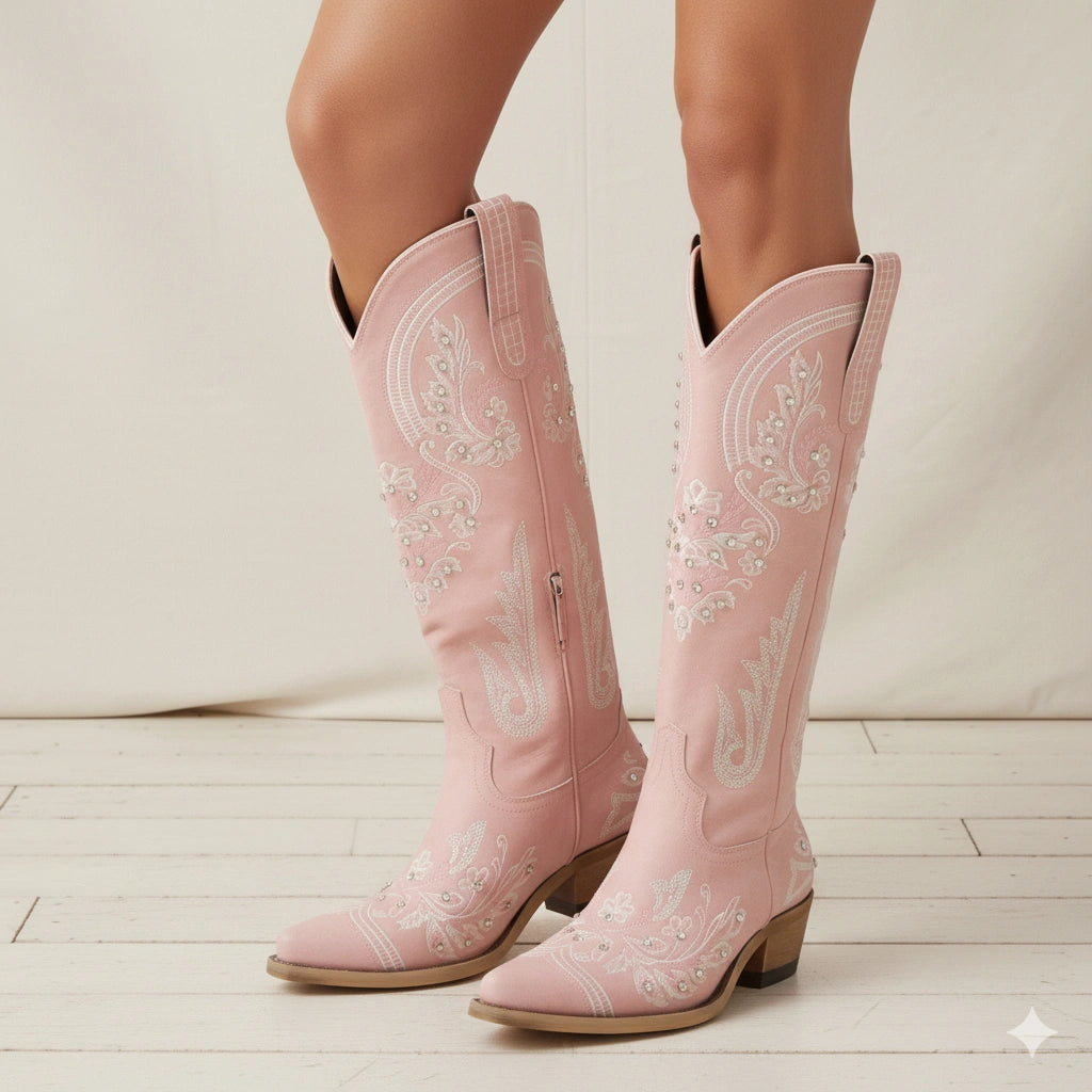 The Aurelia - Sparkle Western Boots in Pink Embroidered & Rhinestone