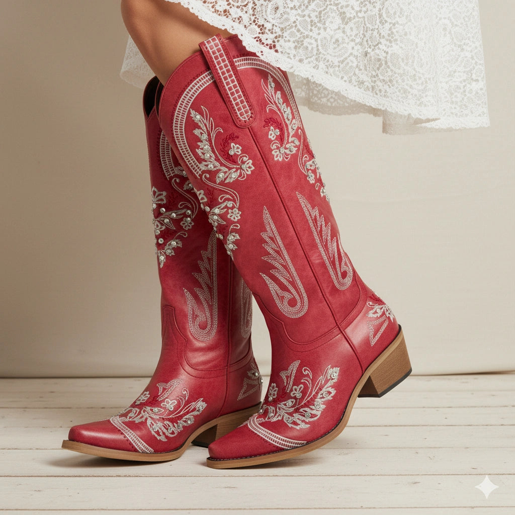 The Aurelia - Crimson Blaze Women's Cowgirl Boots with Snip Toe & Floral Embroidery