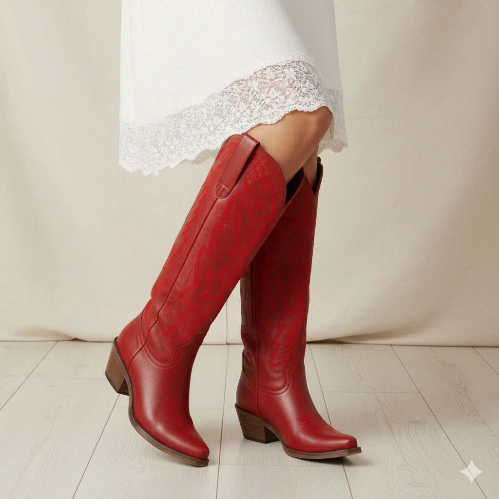 The Molly Wood – Red Embroidered Tall Cowgirl Boots