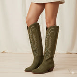 The Laurey - Olive Suede Embroidered Cowgirl Boots with Classic Western Flair