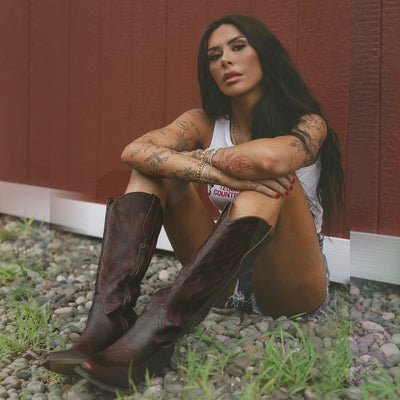The Molly Wood - Mahogany Embroidered Tall Western Cowgirl Boots with Side Zipper
