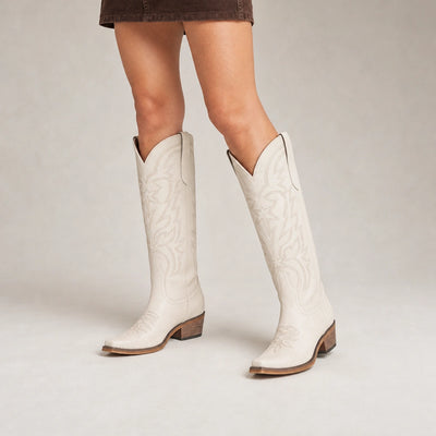 The Molly Wood - Cream Starburst Embroidered Tall Western Cowgirl Boots with Side Zipper