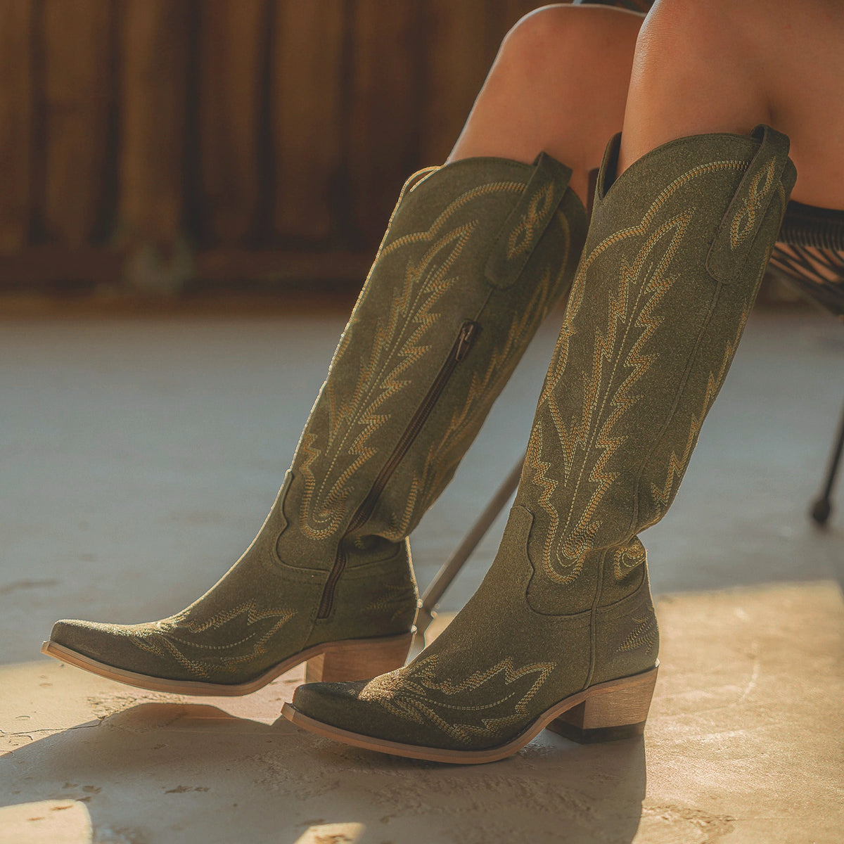 The Rosemary - Olive Embroidered Tall Western Cowgirl Boots with Side Zipper