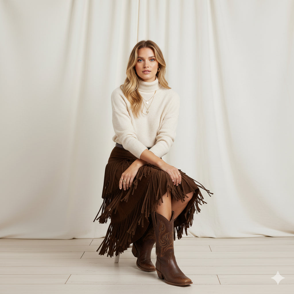 The Bronco - Brown Square Toe Embroidered Mid-calf Cowgirl Boots