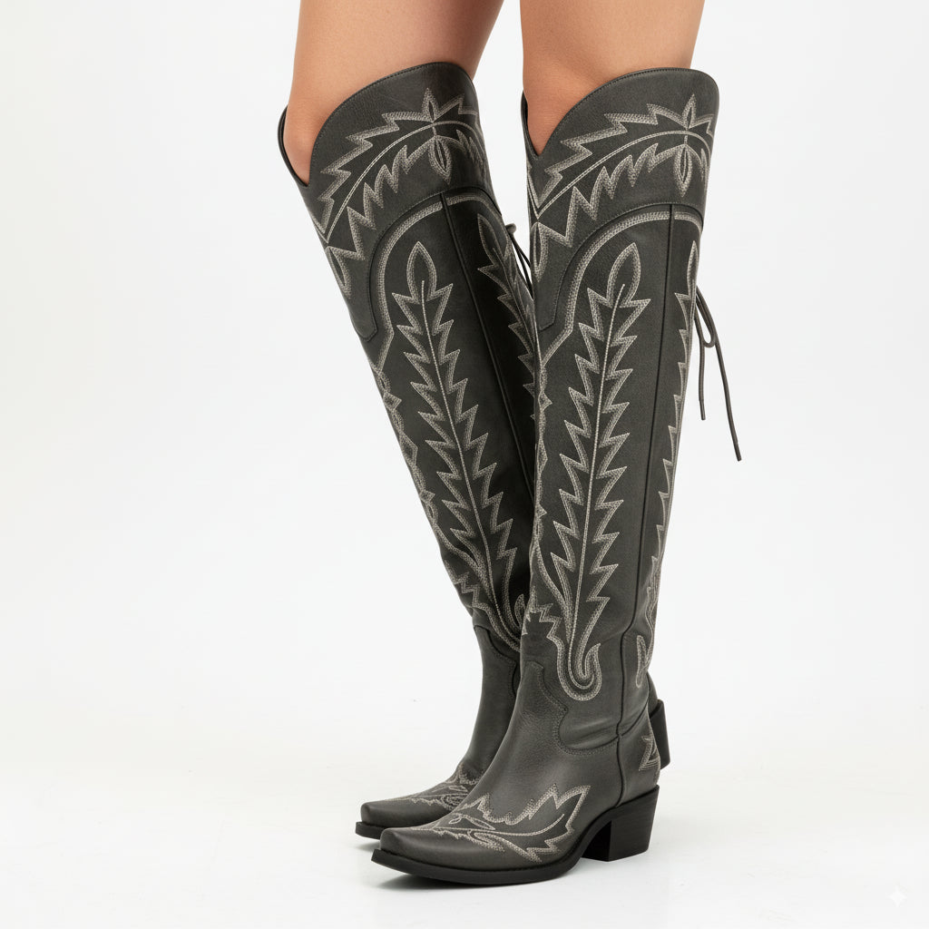 The Ross - Grey Over-the-Knee Cowgirl Boots with Back Tie & Embroidery