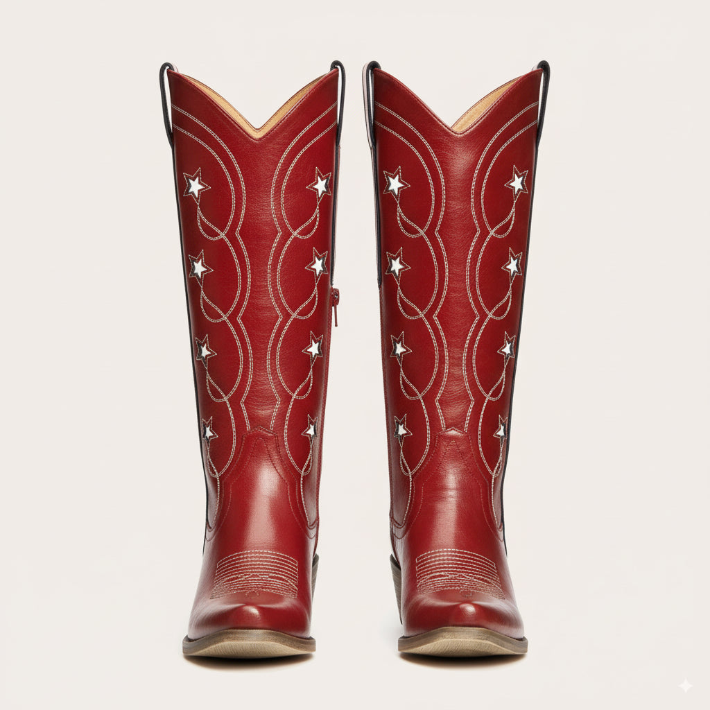 The Stella - Red Starry Embroidered Cowgirl Boots with Bold Detailing