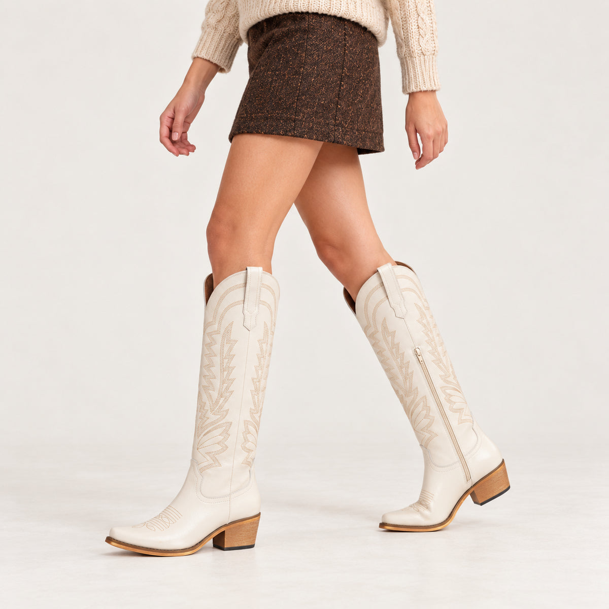 The Laurey - Cream Embroidered Soft Snip Toe Cowgirl Boots with Side Zipper