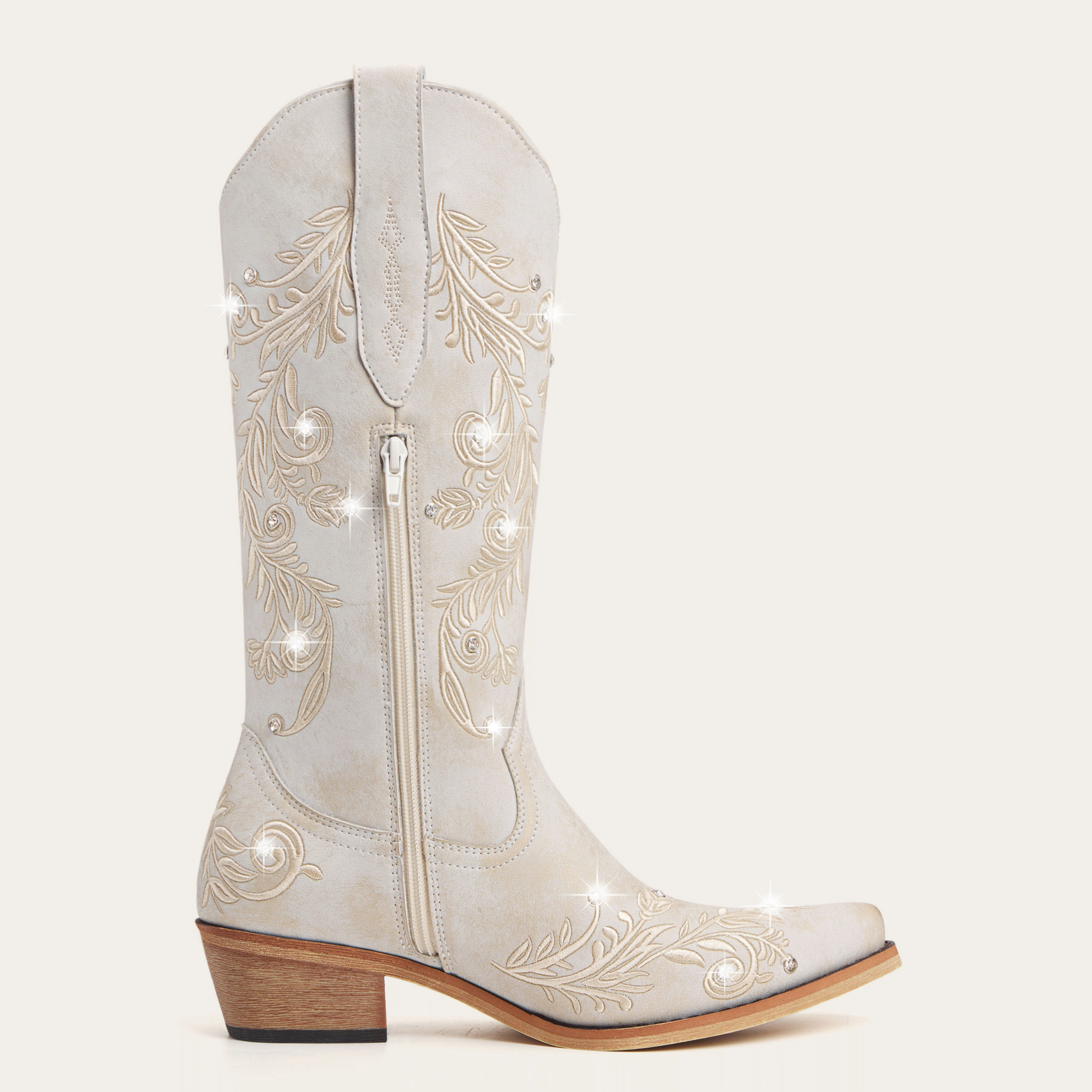 The Everly - Ivory Cowgirl Boots with Vine Embroidery and Crystal Accents