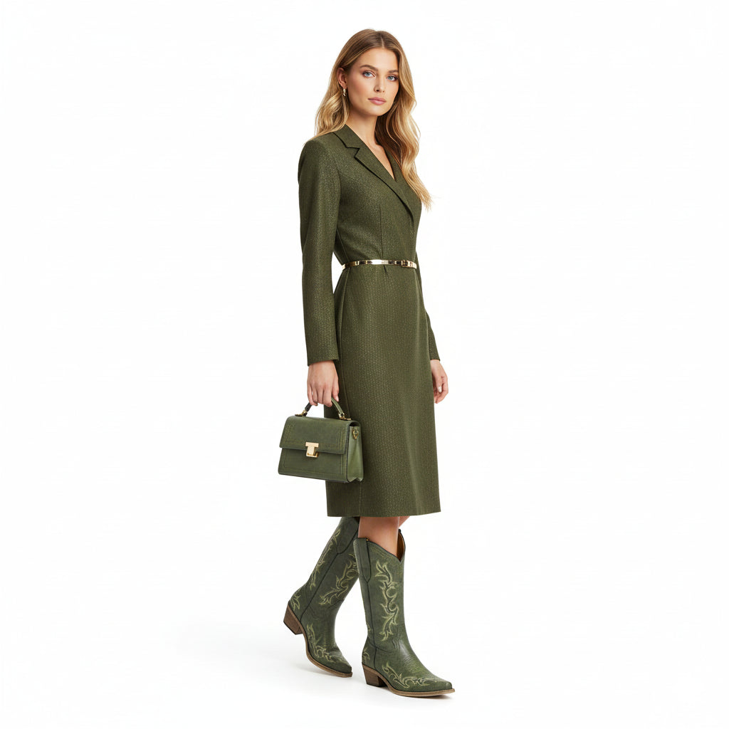 The Prairie Smoke – Olive Green Mid-calf Cowgirl Boots with Bold Embroidery