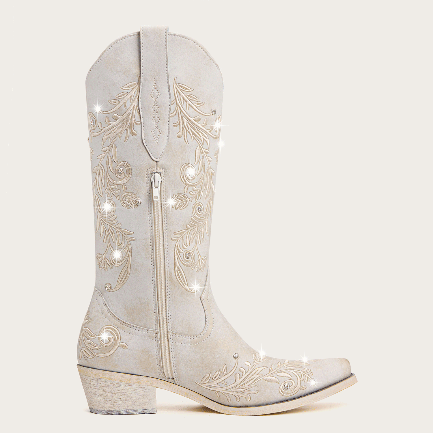 The Everly - Ivory Floral Vine Embroidered Snip Toe Cowgirl Boots with Side Zipper
