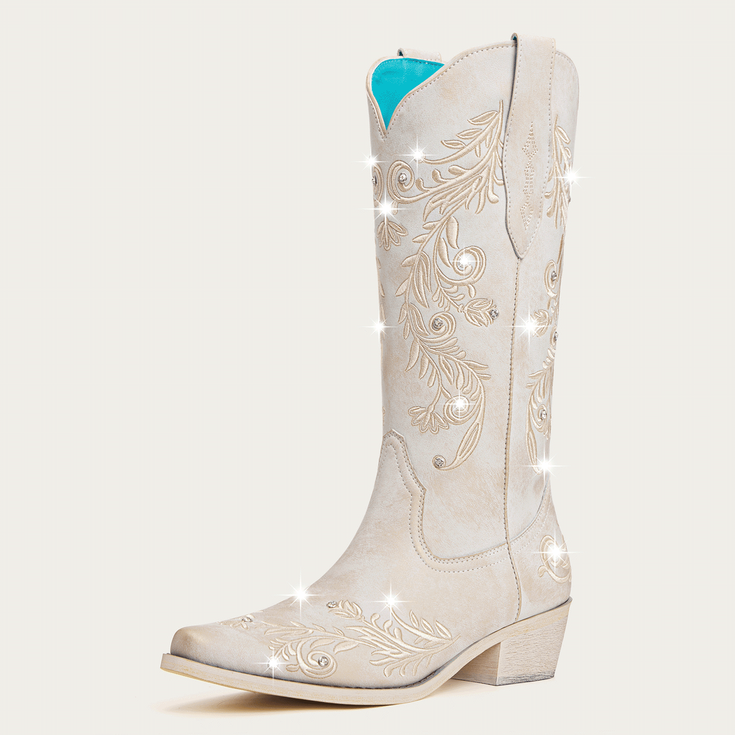 The Everly - Ivory Floral Vine Embroidered Snip Toe Cowgirl Boots with Side Zipper
