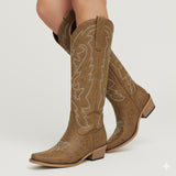 The Molly Wood – Distressed Tan Embroidered Tall Cowgirl Boots