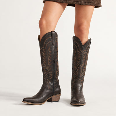 The Laurey - Espresso Embroidered Snip Toe Tall Cowgirl Boots with Side Zipper