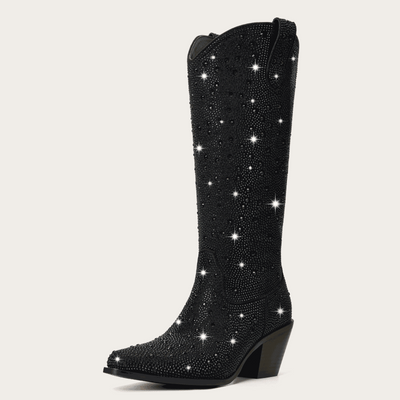 The Stardust - Black Allover Rhinestone Snip Toe Cowgirl Boots with Side Zipper