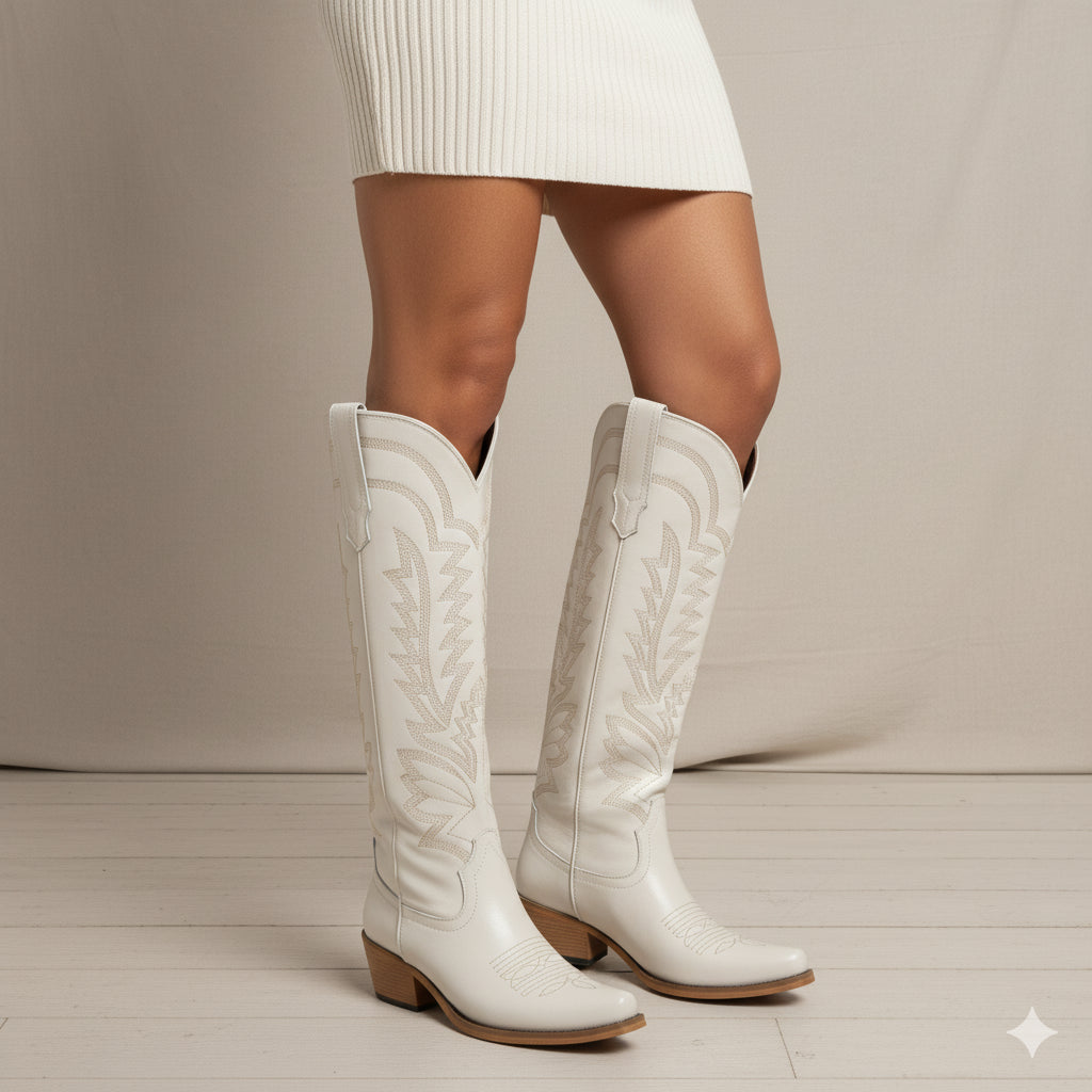The Laurey - Ivory Embroidered Cowgirl Boots with Classic Western Flair