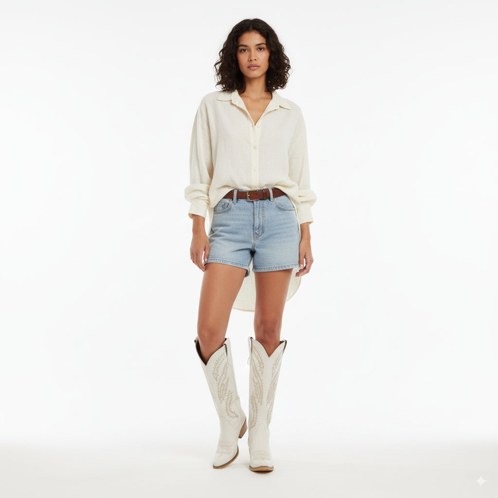 The Cattle – Ivory Tall Western Boots with Tonal Embroidery