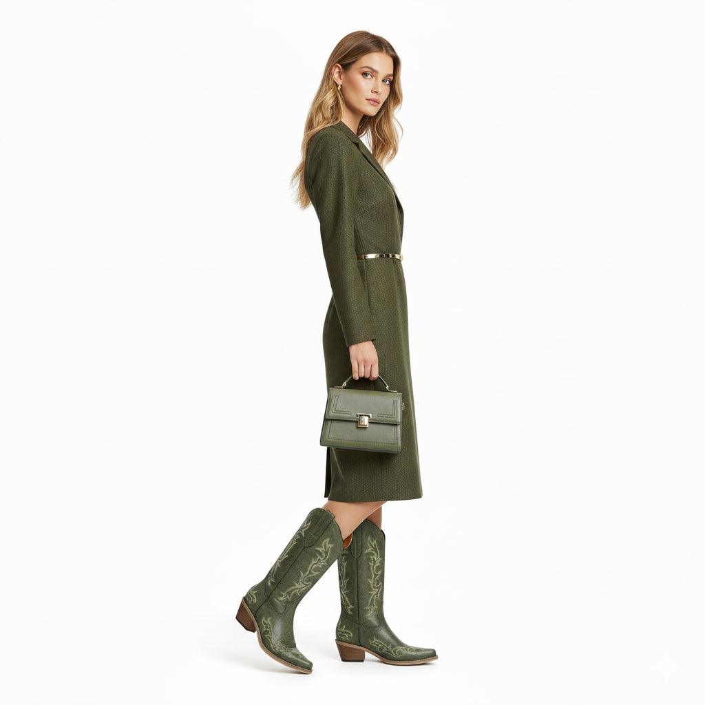 The Prairie Smoke – Olive Green Mid-calf Cowgirl Boots with Bold Embroidery