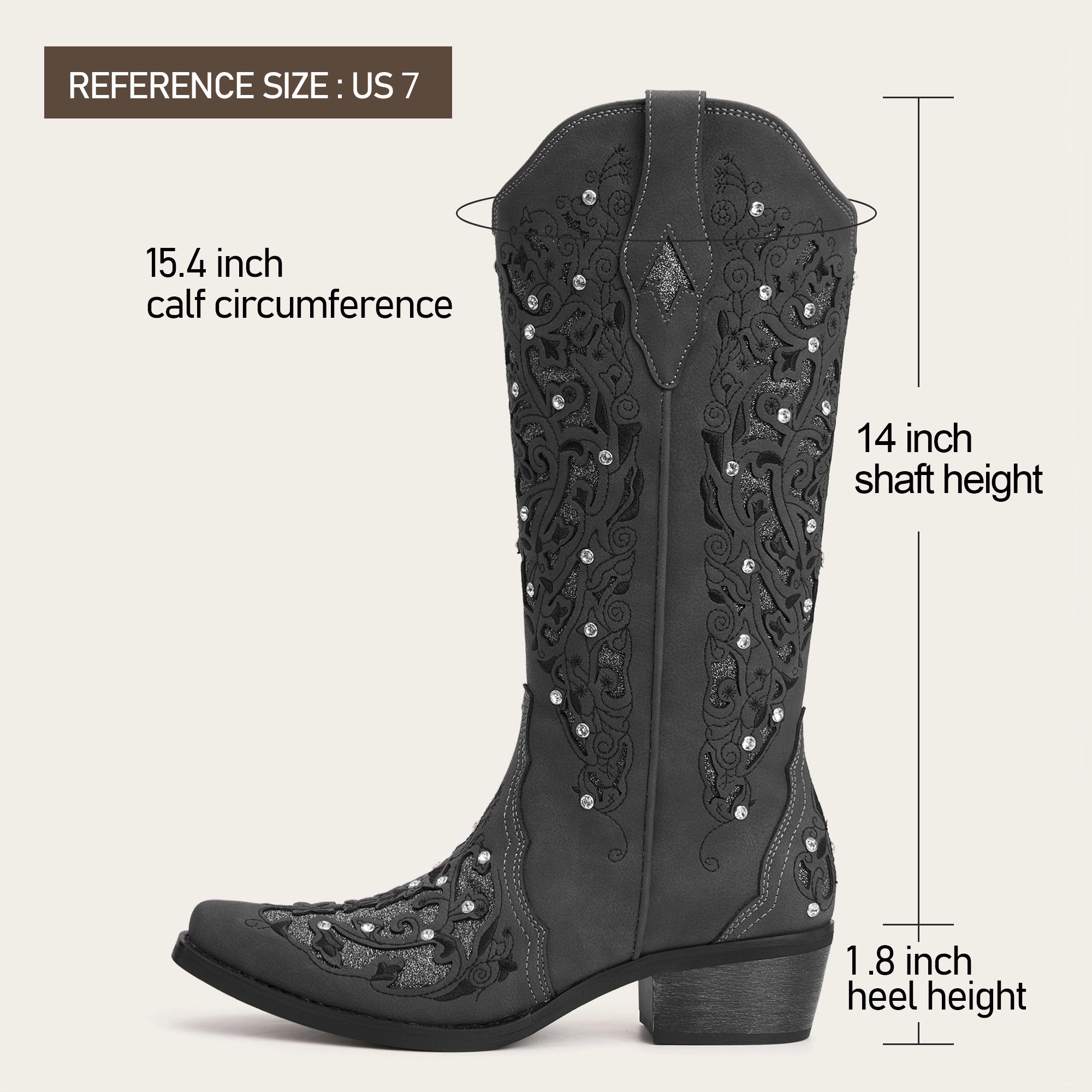 The Ballou - Charcoal Embroidered Cowgirl Boots with Rhinestone and Cutouts