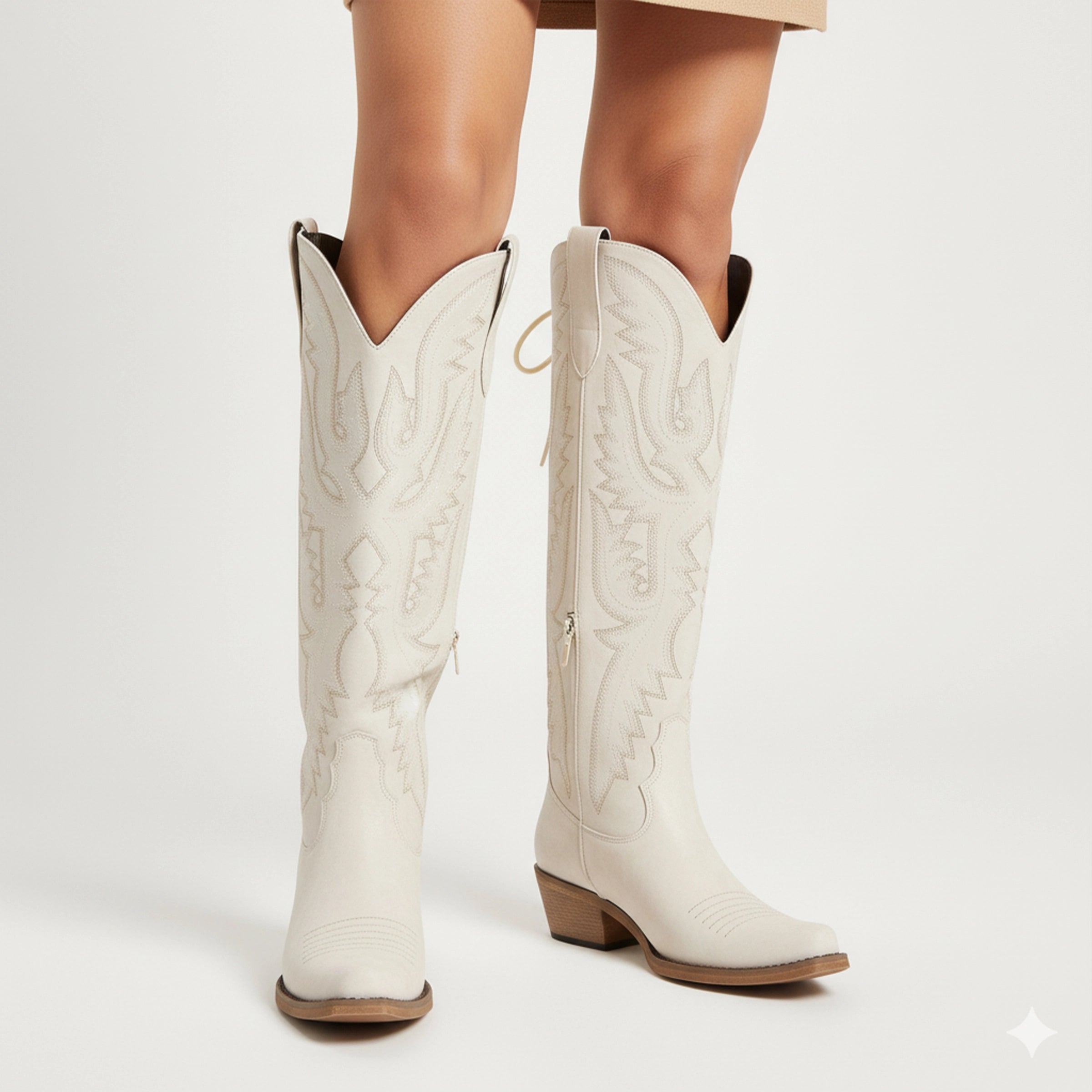 The Withersteen – Ivory Tall Cowgirl Boots with Bold Embroidery and Lace-Up Back