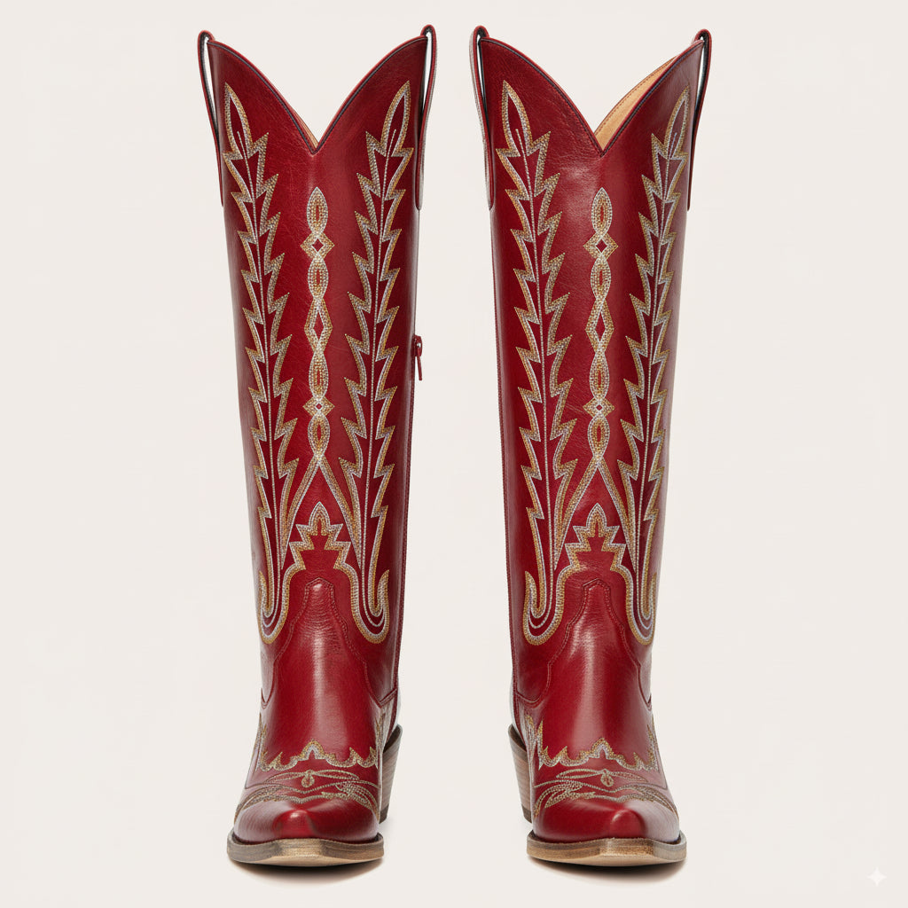 The Eula - Red Tall Cowgirl Boots with Intricate Western Embroidery