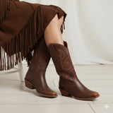 The Bronco - Brown Square Toe Embroidered Mid-calf Cowgirl Boots