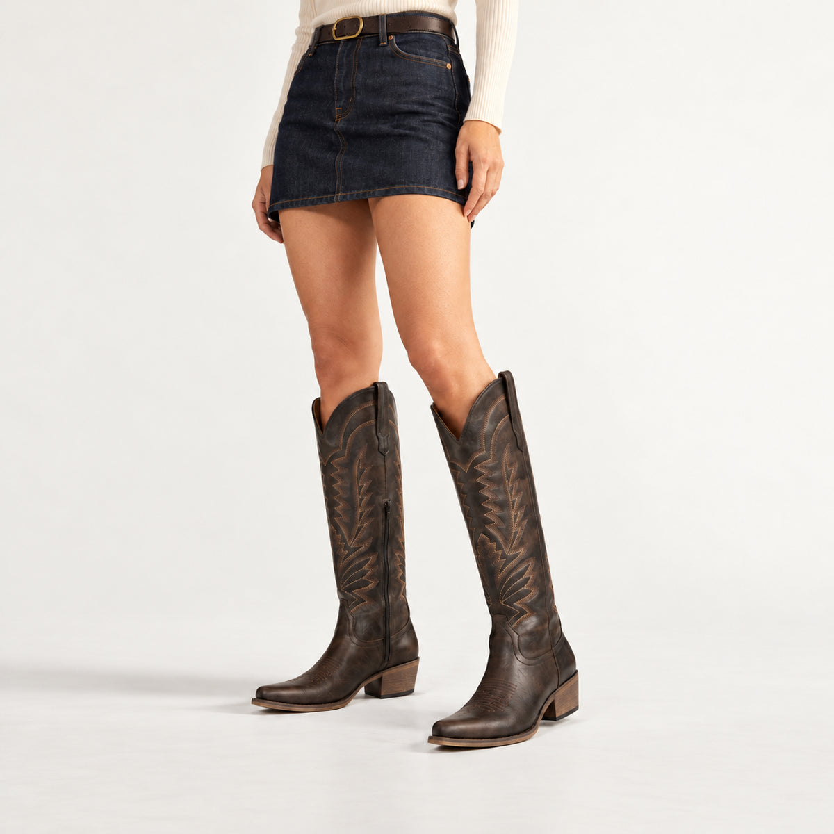 The Laurey - Espresso Embroidered Soft Snip Toe Tall Cowgirl Boots with Side Zipper