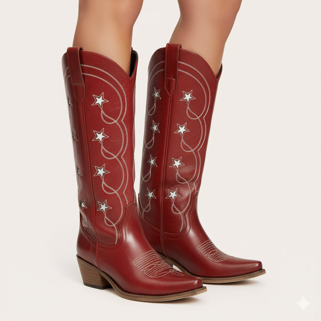 The Stella - Red Starry Embroidered Cowgirl Boots with Bold Detailing