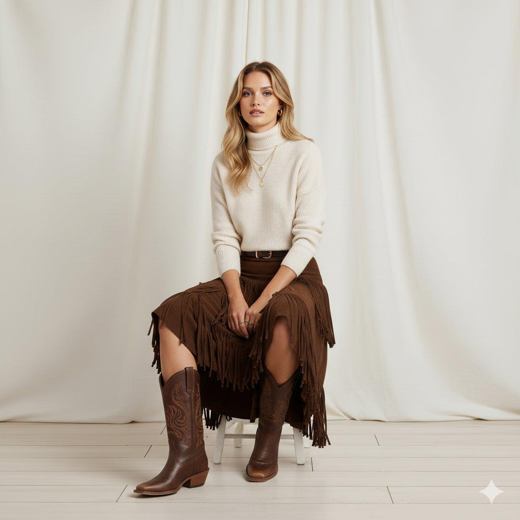 The Bronco - Brown Square Toe Embroidered Mid-calf Cowgirl Boots