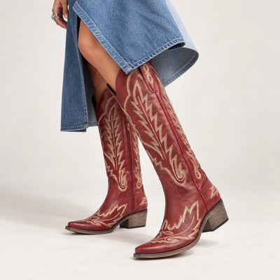 The Rosemary - Burgundy Embroidered Tall Western Cowgirl Boots with Side Zipper