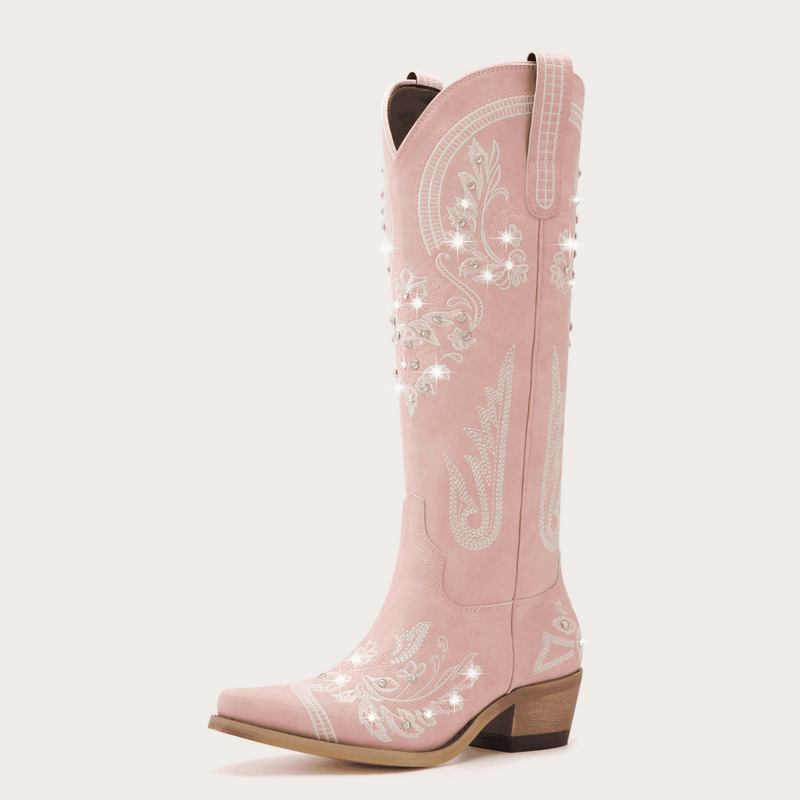 The Aurelia - Rose Pink Women's Cowboy Boots with Snip Toe & Floral Embroidery