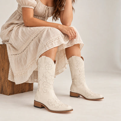 The Magnolia - Cream Floral Embroidered Square Toe Short Cowgirl Boots with Low Heel