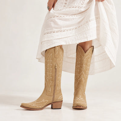The Rosemary - Beige Embroidered Tall Western Cowgirl Boots with Side Zipper