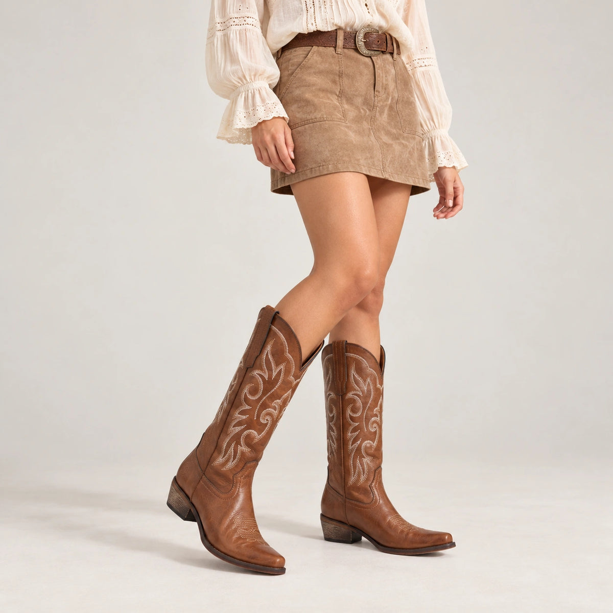 The Loretta - Brown Flame Embroidered Cowgirl Boots with Side Zipper