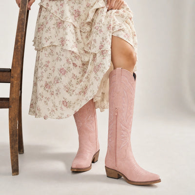 The Laurey - Blush Pink Embroidered Soft Snip Toe Cowgirl Boots with Side Zipper