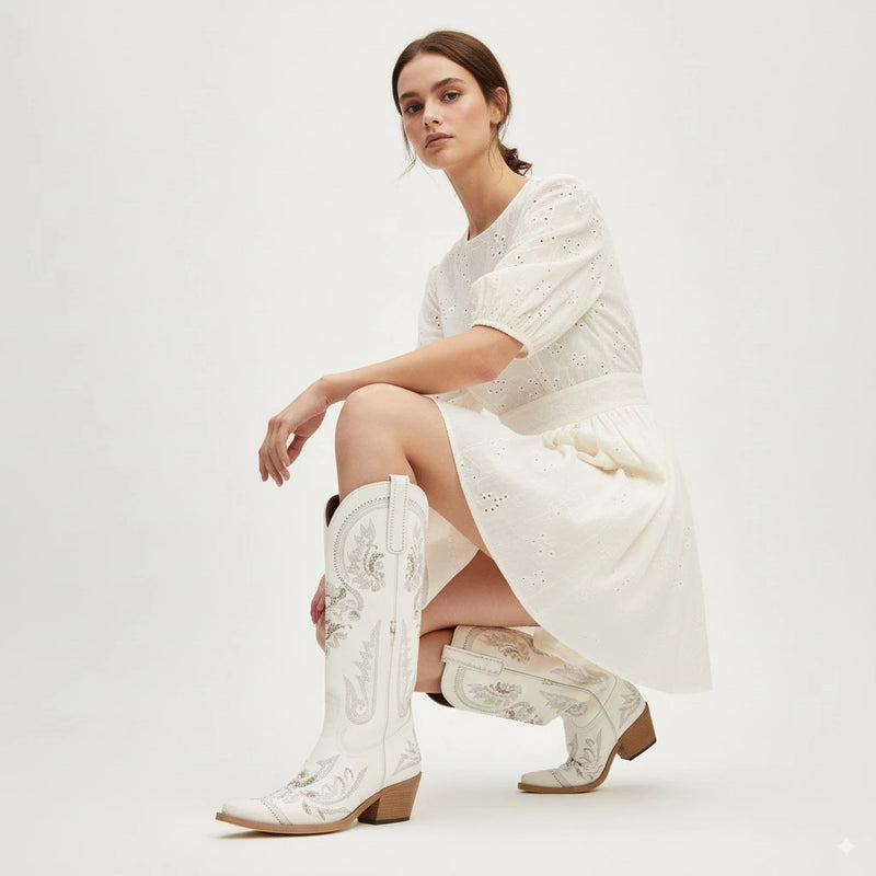The Aurelia - Ivory Pearl Women's Cowgirl Boots with Snip Toe & Floral Embroidery