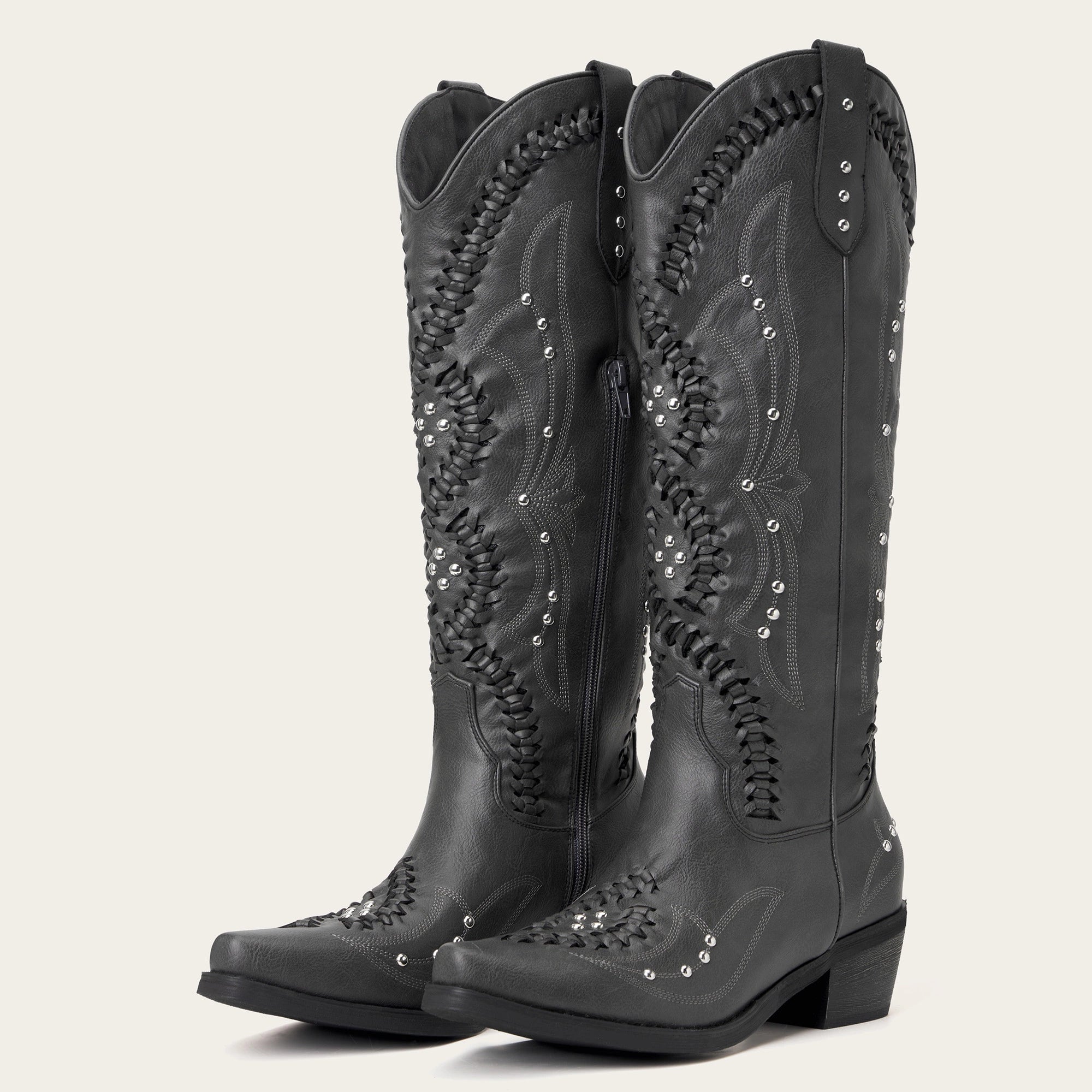 The Kitty - Black Snip Toe Rhinestone Cowgirl Boots with Cutout Woven