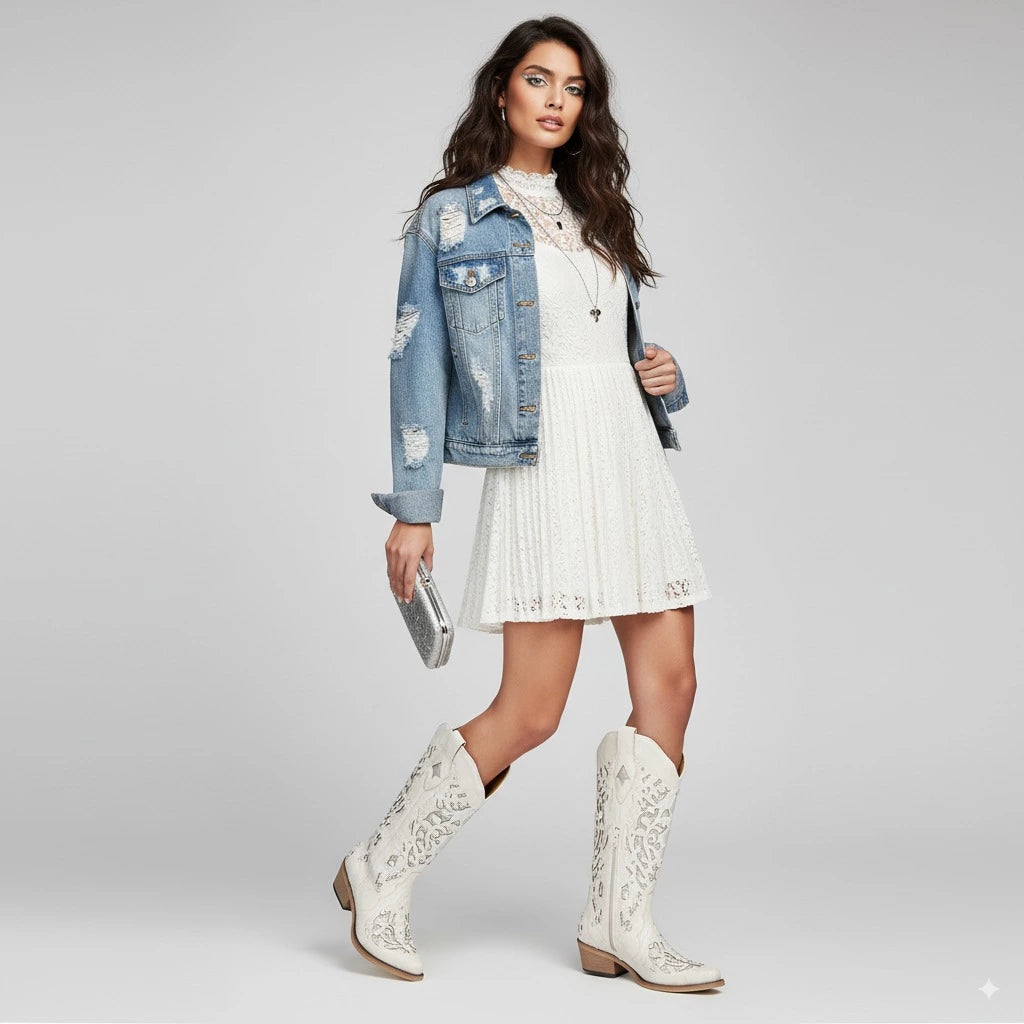The Ballou - White Embroidered Cowgirl Boots with Rhinestone and Cutouts