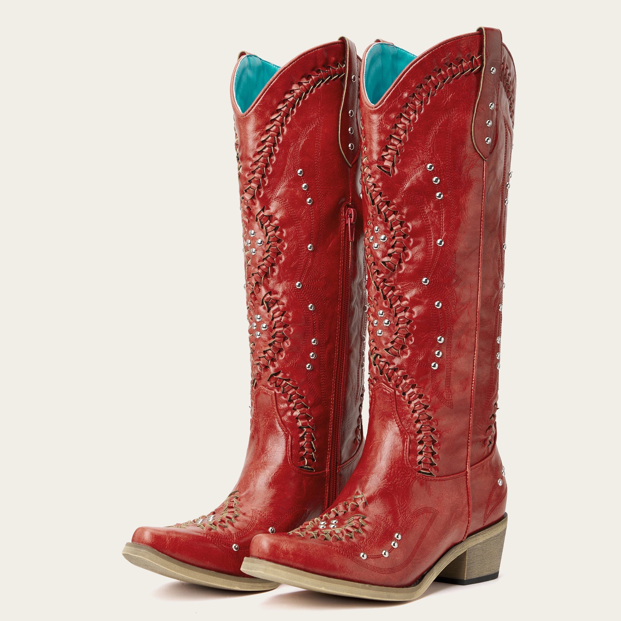 The Kitty - Red Snip Toe Rhinestone Cowgirl Boots with Cutout Woven