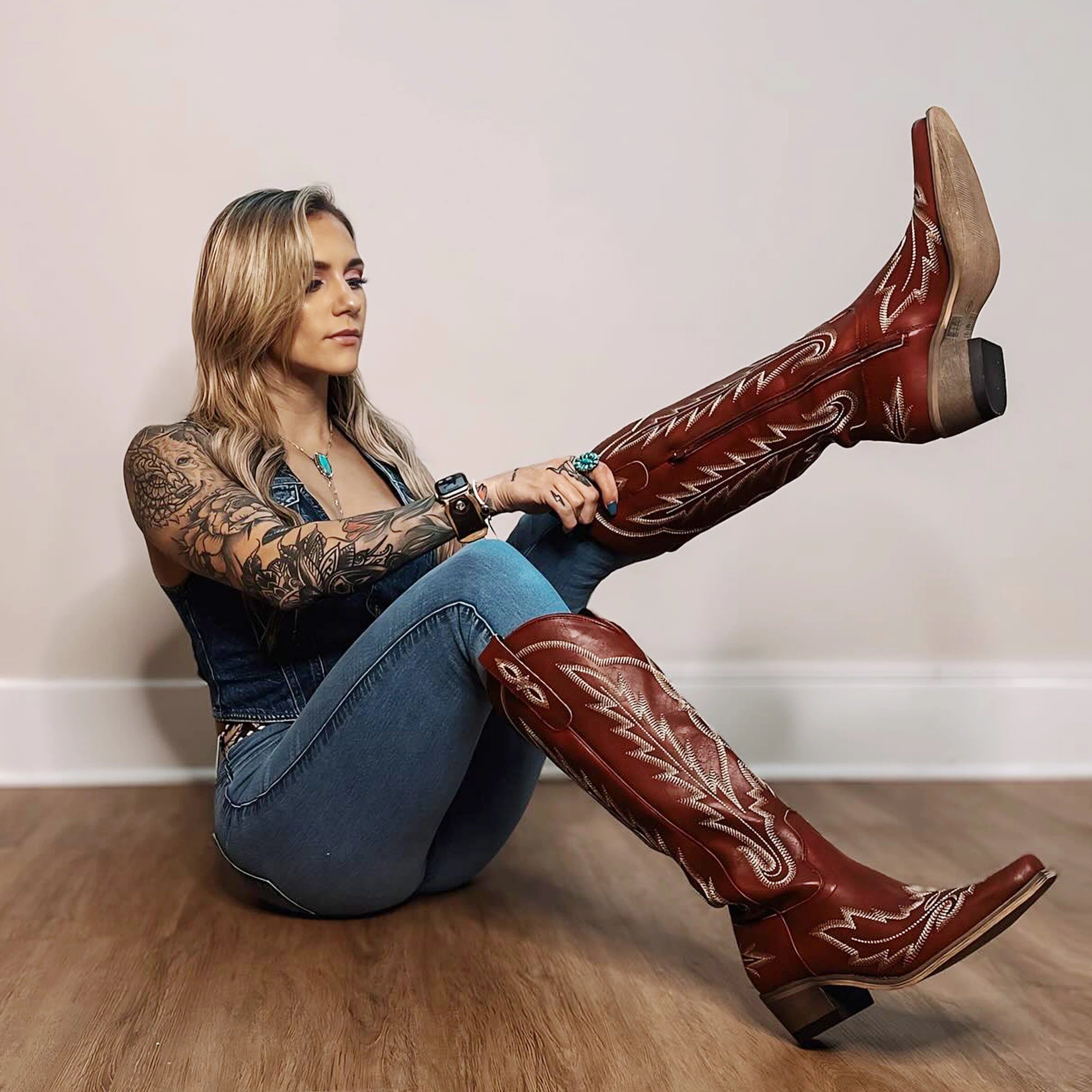The Rosemary - Red Classic Tall Cowgirl Boots with Embroidery