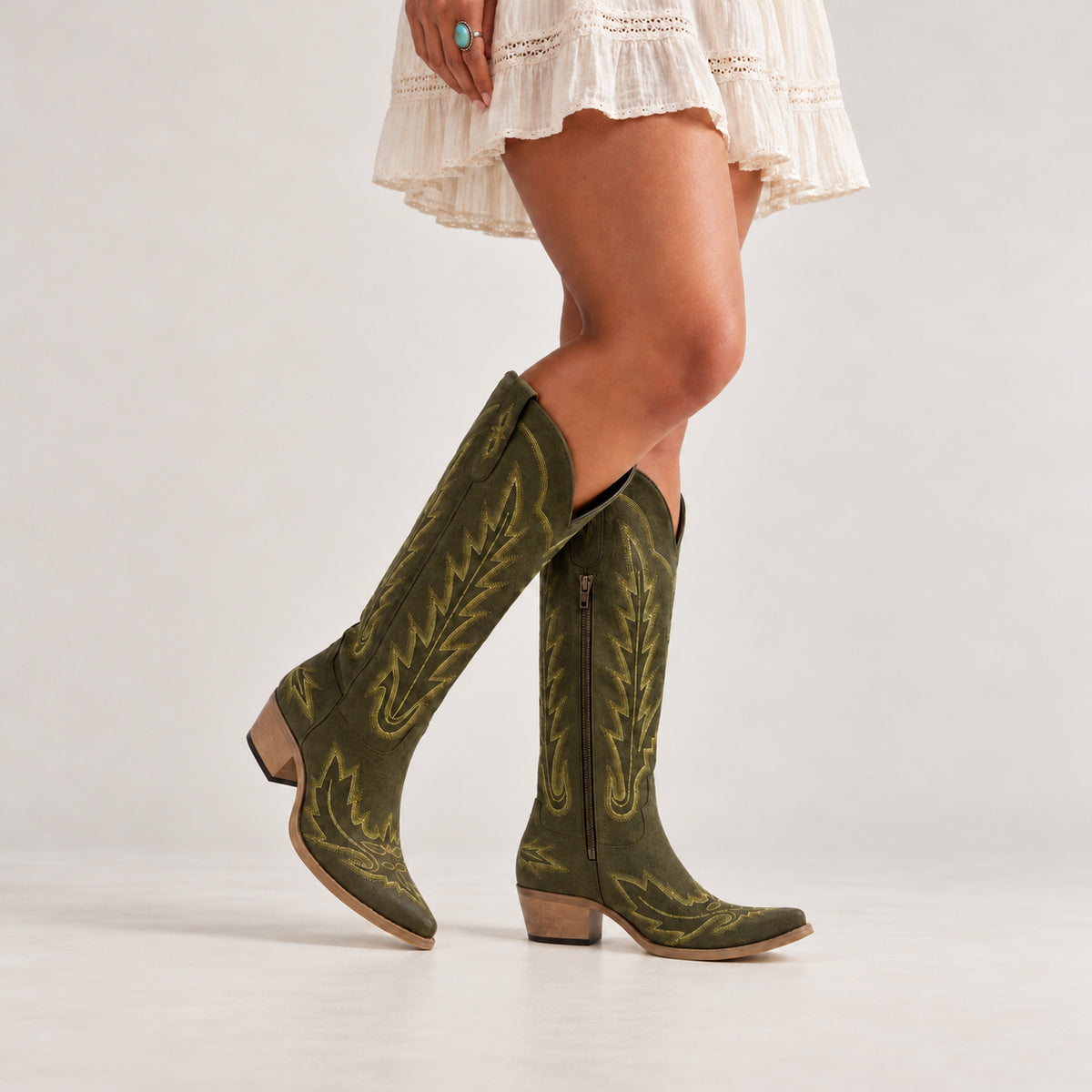 The Rosemary - Olive Embroidered Tall Western Cowgirl Boots with Side Zipper