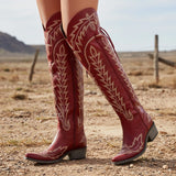 The Ross - Red Over-the-Knee Cowgirl Boots with Back Tie & Embroidery