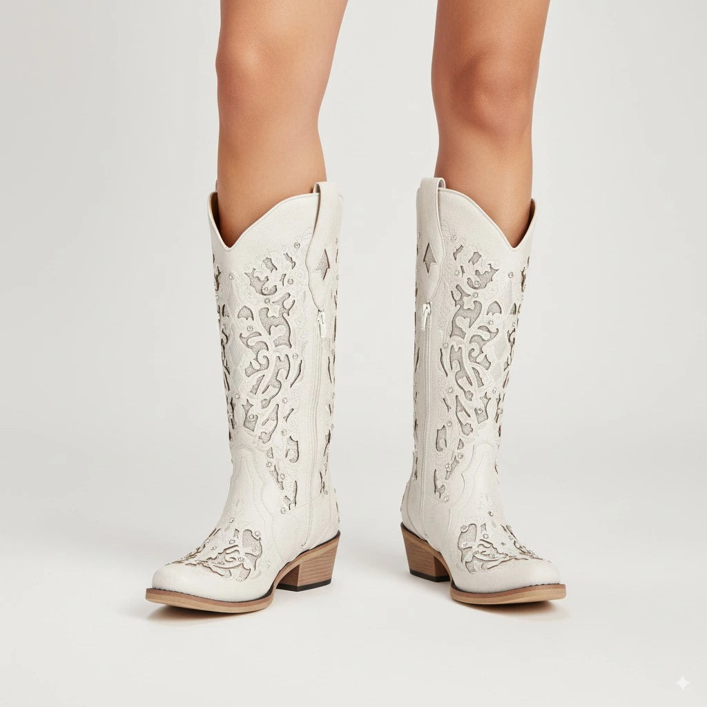 The Ballou - White Embroidered Cowgirl Boots with Rhinestone and Cutouts