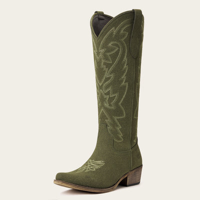 The Molly Wood - Olive Embroidered Tall Western Cowgirl Boots with Side Zipper