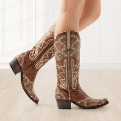 Redtop Boots > western boots REDTOP Women's Cowgirl Western Boots Brown Embroidered Rhinestone Boots