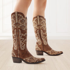 Redtop Boots > western boots REDTOP Women's Cowgirl Western Boots Brown Embroidered Rhinestone Boots