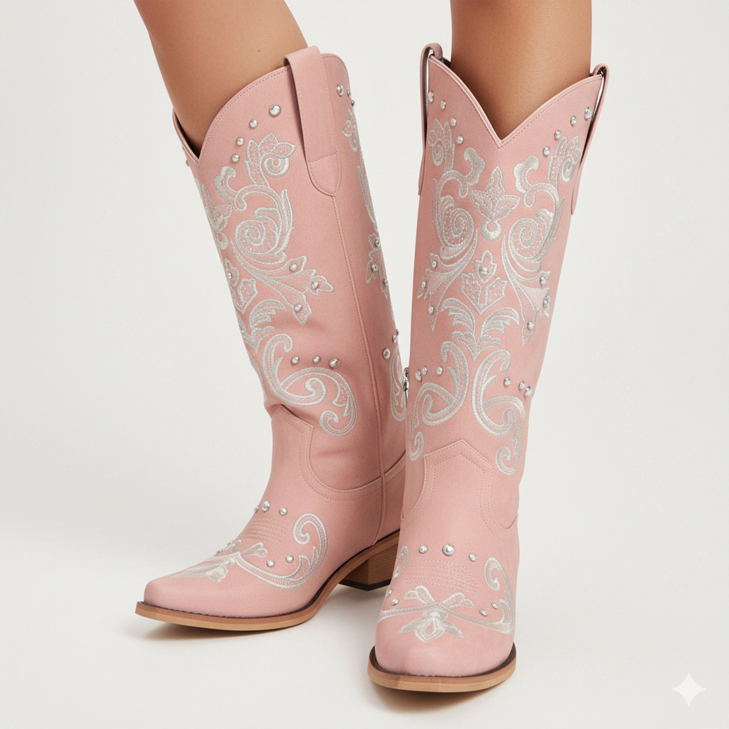 The Missie – Rose Pink Embroidered Cowgirl Boots with Pearls and Elegant Western Flair