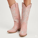 The Missie – Pink Embroidered Cowgirl Boots with Pearls and Elegant Western Flair