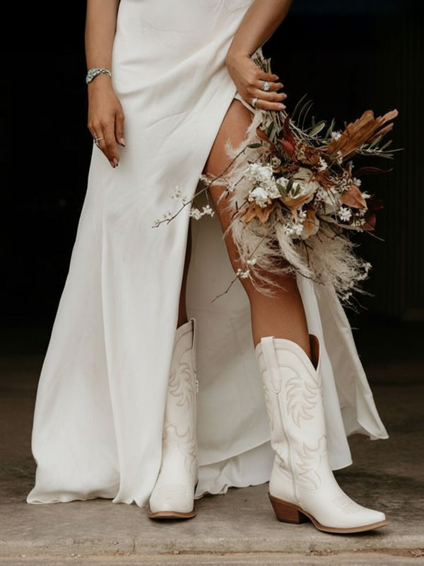 Dress Wedding Cowgirl Boots White Rustic Bride With Wedding Dress, Down Hairstyle And White Cowboy Boots Dress Wedding Cowgirl Boots White Rustic Bride With Wedding Dress, Down Hairstyle And White Cowboy Boots