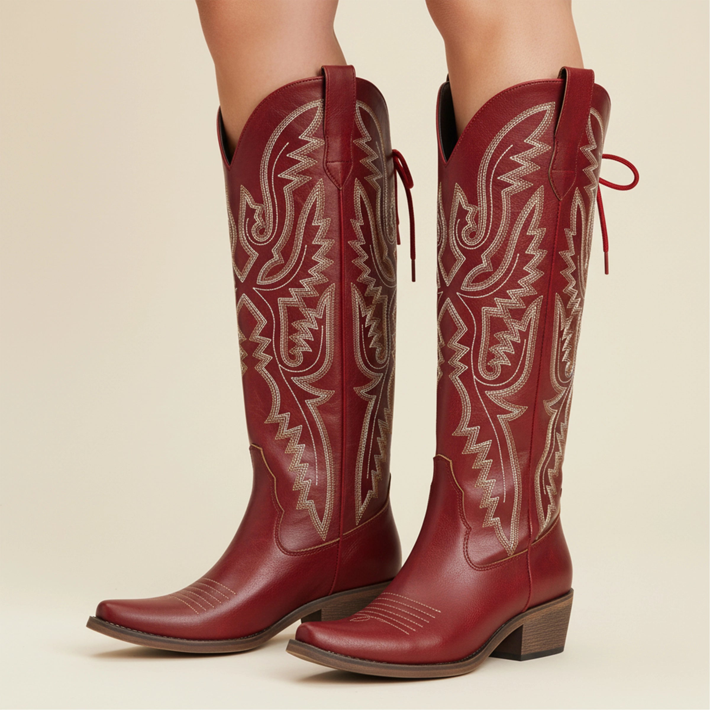 The Withersteen – Red Tall Cowgirl Boots with Bold Embroidery and Lace-Up Back